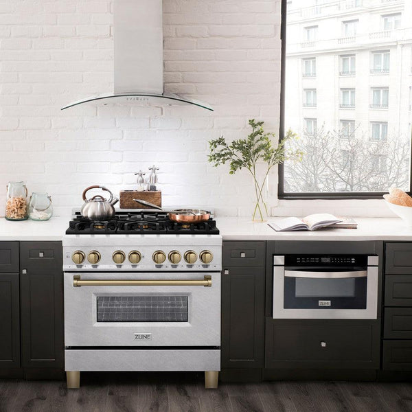 ZLINE Autograph Edition 36 in. 4.6 cu. ft. Dual Fuel Range with Gas Stove and Electric Oven in DuraSnow® Stainless Steel with Champagne Bronze Accents (RASZ-SN-36-CB)-Ranges-RASZ-SN-36-CB ZLINE Kitchen and Bath