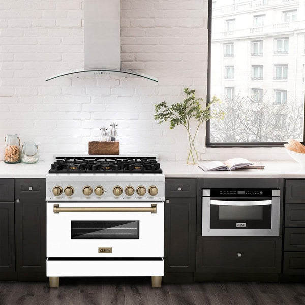 ZLINE Range, Microwave, and Range Hood in a modern apartment kitchen.