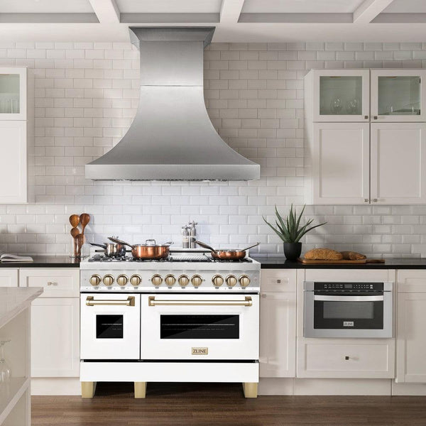 ZLINE Autograph Edition 48 in. 6.0 cu. ft. Dual Fuel Range with Gas Stove and Electric Oven in DuraSnow® Stainless Steel with White Matte Doors and Polished Gold Accents (RASZ-WM-48-G)-Ranges-RASZ-WM-48-G ZLINE Kitchen and Bath