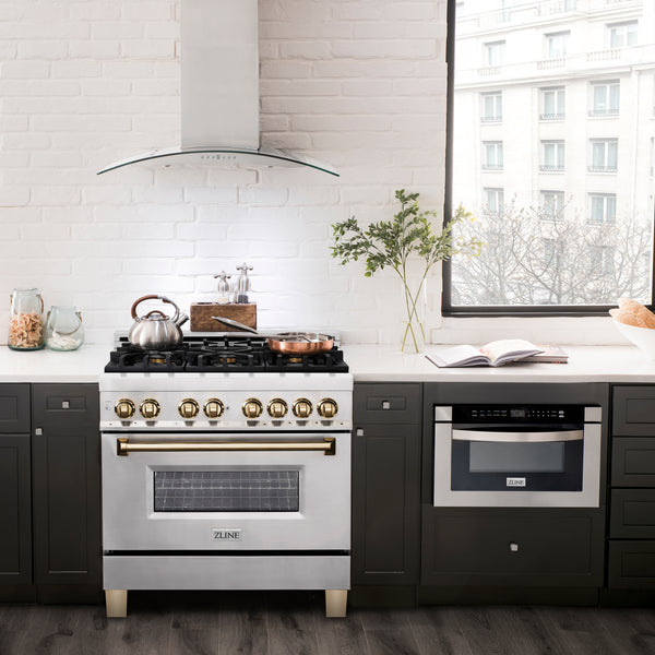 ZLINE Autograph Edition 36 in. 4.6 cu. ft. Legacy Dual Fuel Range with 6 Burner Gas Cooktop and Electric Convection Oven in Stainless Steel and Polished Gold Accents (RAZ-36-G)