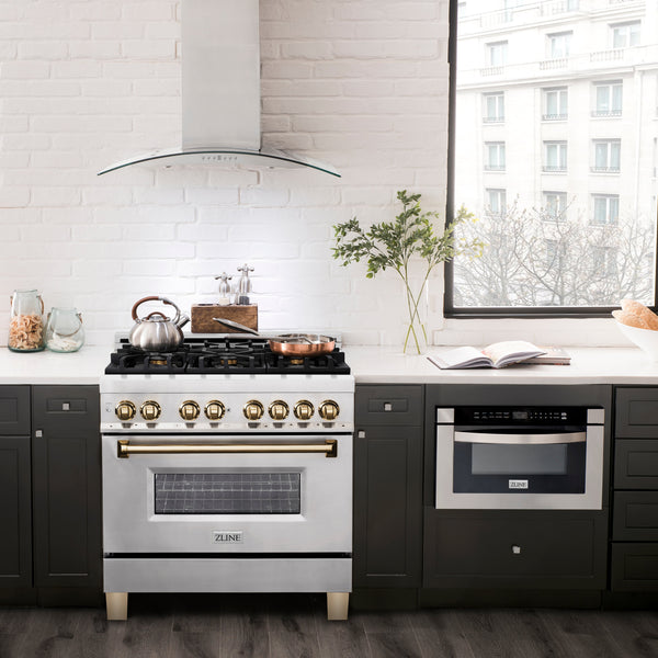 ZLINE Autograph Edition 36 in. 4.6 cu. ft. Legacy Dual Fuel Range with 6 Burner Gas Cooktop and Electric Convection Oven in Stainless Steel and Polished Gold Accents (RAZ-36-G)