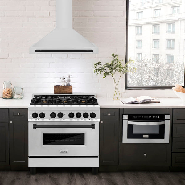 ZLINE 36 in.Autograph Edition Convertible Stainless Steel Range Hood with Stainless Steel Shell and Matte Black Accents (KB4STZ-36-MB)