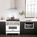 ZLINE Autograph Edition 36 in. Dual Fuel Range with White Matte Door and Polished Gold Accents (RAZ-WM-36-G) in a modern apartment kitchen from front.