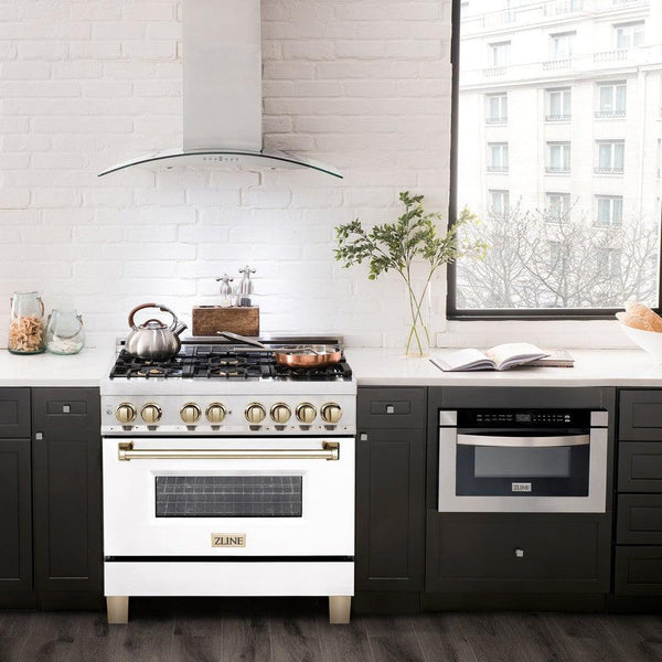 ZLINE Autograph Edition 36 in. Dual Fuel Range with White Matte Door and Polished Gold Accents (RAZ-WM-36-G) in a modern apartment kitchen from front.