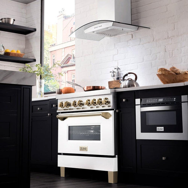 ZLINE Autograph Edition 36 in. Dual Fuel Range with White Matte Door and Polished Gold Accents (RAZ-WM-36-G) in a modern apartment kitchen from side.