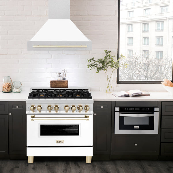ZLINE Autograph Edition 36" Fingerprint Resistant Stainless Steel Range Hood with White Matte Shell and Polished Gold Handle (8654SNZ-WM36-G)