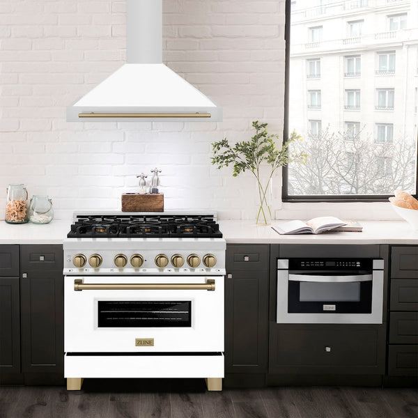 ZLINE 36 in. Autograph Edition Convertible Stainless Steel Range Hood with White Matte Shell and Champagne Bronze Accents (KB4STZ-WM36-CB)