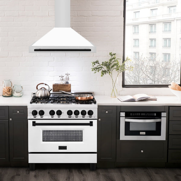 ZLINE 36 in.Autograph Edition Convertible Stainless Steel Range Hood with White Matte Shell and Matte Black Accents (KB4STZ-WM36-MB)