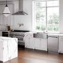 ZLINE Convertible Vent Wall Mount Range Hood in Stainless Steel (KL2) in a luxury white and wood kitchen from front.