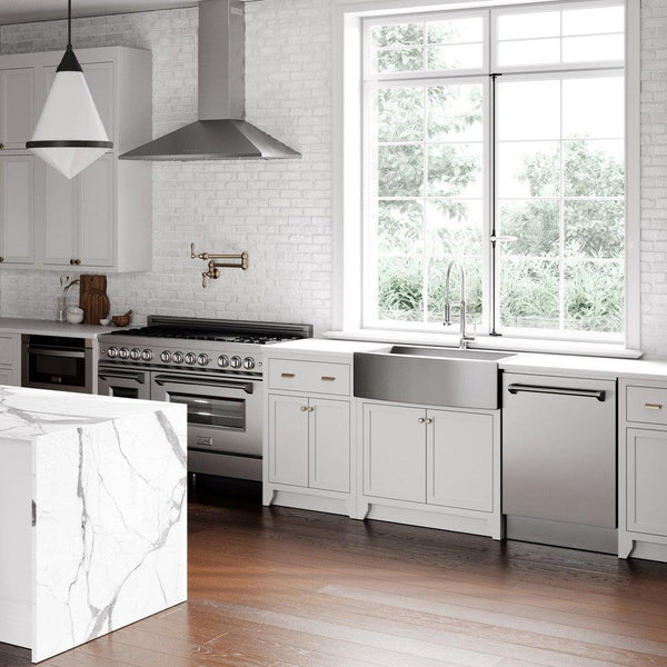 ZLINE Convertible Vent Wall Mount Range Hood in Stainless Steel (KL2) in a luxury white and wood kitchen from front.