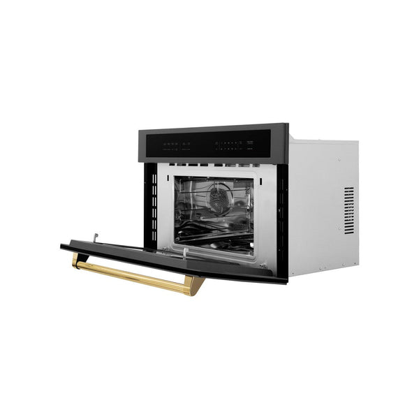 ZLINE Autograph Edition 30 in. 1.6 cu ft. Built-in Convection Microwave Oven in Black Stainless Steel with Gold Accents (MWOZ-30-BS-G) Side View Door Open