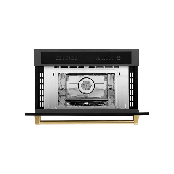 ZLINE Autograph Edition 30 in. 1.6 cu ft. Built-in Convection Microwave Oven in Black Stainless Steel with Gold Accents (MWOZ-30-BS-G) Front View Door Open