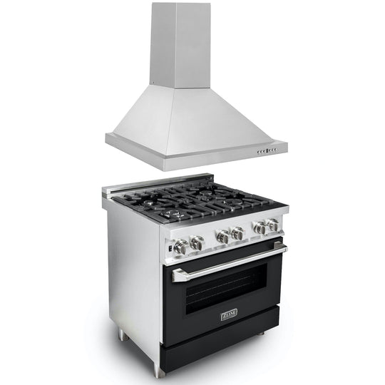 ZLINE 30 in. Kitchen Package with Stainless Steel Dual Fuel Range with Black Matte Door and Convertible Vent Range Hood (2KP-RABLMRH30)