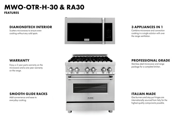 ZLINE 30 in. Kitchen Package Stainless Steel Dual Fuel Range and Over The Range Microwave with Traditional Handle (2KP-RAOTRH30)