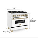 ZLINE Autograph Edition 36 in. 4.6 cu. ft. Dual Fuel Range with Gas Stove and Electric Oven in DuraSnow® Stainless Steel with White Matte Door and Champagne Bronze Accents (RASZ-WM-36-CB) dimensions for installation