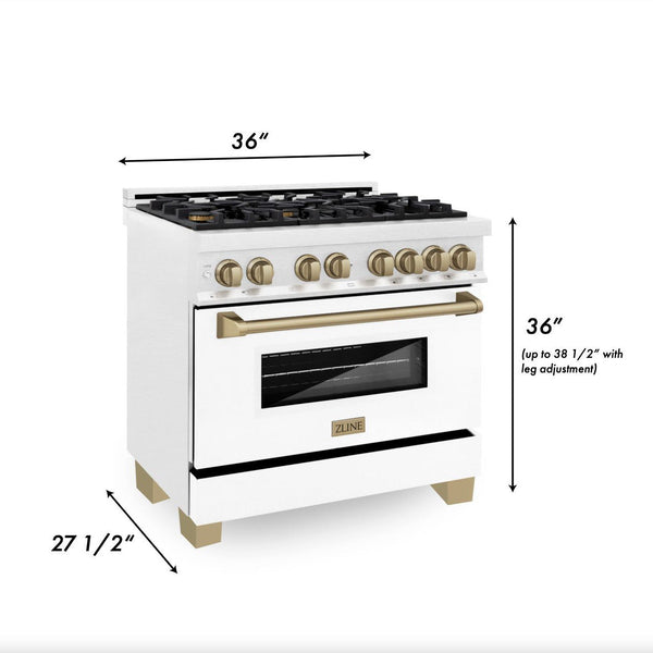 ZLINE Autograph Edition 36 in. 4.6 cu. ft. Dual Fuel Range with Gas Stove and Electric Oven in DuraSnow® Stainless Steel with White Matte Door and Champagne Bronze Accents (RASZ-WM-36-CB) dimensions for installation