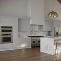 ZLINE Autograph Edition 30 in. 1.6 cu ft. Built-in Convection Microwave Oven in Stainless Steel with Polished Gold Accents (MWOZ-30-G) in a modern kitchen, wide.