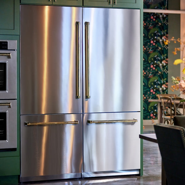 ZLINE Autograph Edition 60 in. 32.2 cu. ft. French Door Built-In Bottom Freezer Refrigerator with Water Dispenser and Ice Maker in Stainless Steel with Polished Gold Accents (RBIVZ-304-60-G)