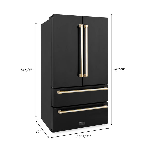 ZLINE Autograph Edition 36 in. Kitchen Package with Black Stainless Steel Dual Fuel Range, Range Hood, Dishwasher and Refrigeration with Polished Gold Accents (4AKPR-RABRHDWV36-G) dimensional diagram with measurements.