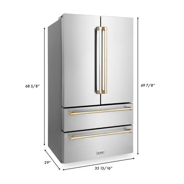 ZLINE Autograph Edition 30 in. Kitchen Package with Stainless Steel Dual Fuel Range, Range Hood, Dishwasher and Refrigeration with Polished Gold Accents (4KAPR-RARHDWM30-G) dimensional diagram with measurements.