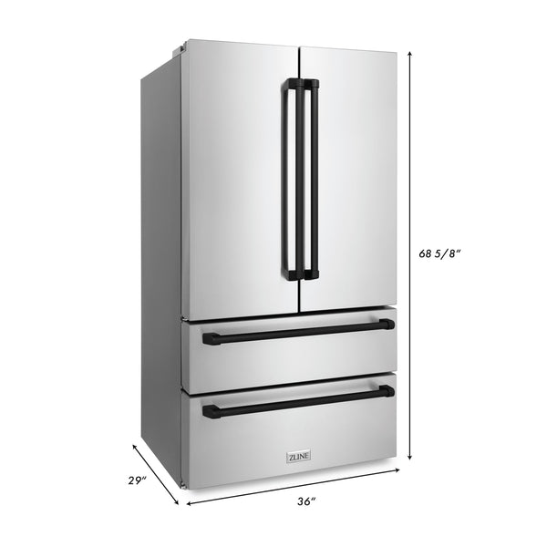 ZLINE Autograph Edition 30 in. Kitchen Package with Stainless Steel Dual Fuel Range, Range Hood, Dishwasher and Refrigeration with Matte Black Accents (4KAPR-RARHDWM30-MB) dimensional diagram with measurements.