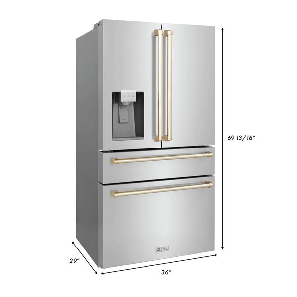 ZLINE Autograph Edition 36" French door refrigerator with water/ice dispenser dimensional measurements.
