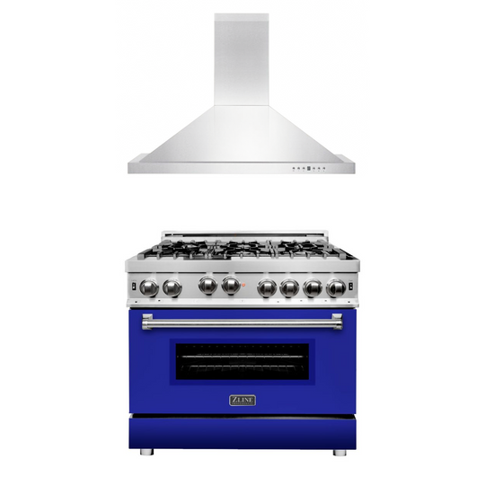 ZLINE 36 in. Kitchen Package with Stainless Steel Gas Range with Blue Matte Door and Convertible Vent Range Hood (2KP-RGBMRH36)