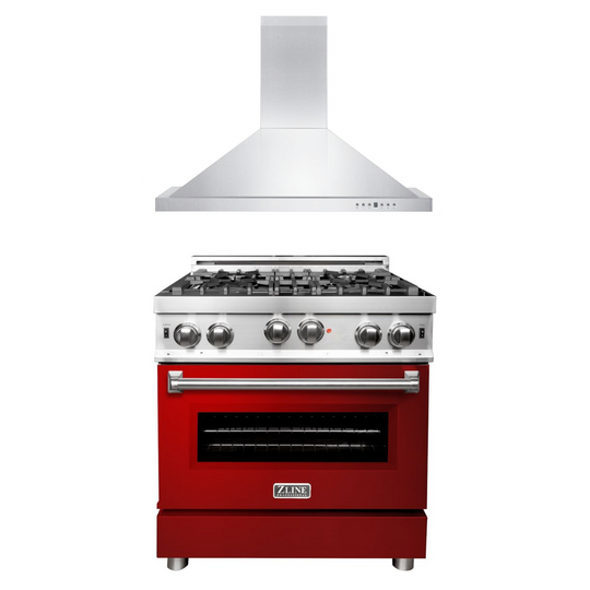 ZLINE 30 in. Kitchen Package with Stainless Steel Gas Range with Red Gloss Door and Convertible Vent Range Hood (2KP-RGRGRH30)