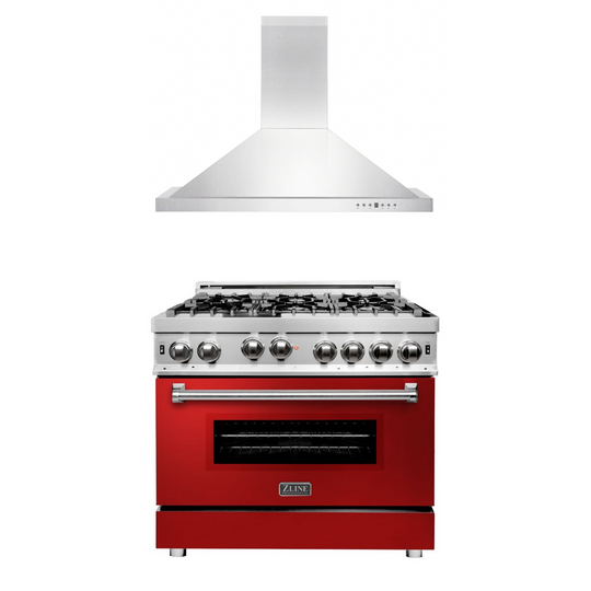 ZLINE 36 in. Kitchen Package with Stainless Steel Gas Range with Red Gloss Door and Convertible Vent Range Hood (2KP-RGRGRH36)