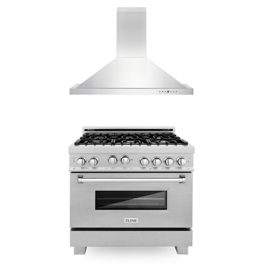 ZLINE 36 in. Kitchen Package with Stainless Steel Gas Range with Satin Door and Convertible Vent Range Hood (2KP-RGSNRH36)