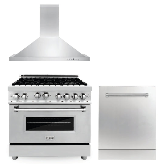 ZLINE 36 in. Kitchen Package with Stainless Steel Gas Range, Convertible Vent Range Hood and Dishwasher (3KP-RGRH36-DW)