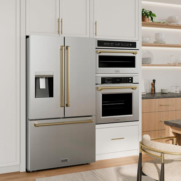ZLINE Autograph Edition 36 in. 28.9 cu. ft. Standard-Depth French Door External Water Dispenser Refrigerator with Dual Ice Maker in Fingerprint-Resistant Stainless Steel and Champagne Bronze Traditional Handles (RSMZ-W-36-CB)