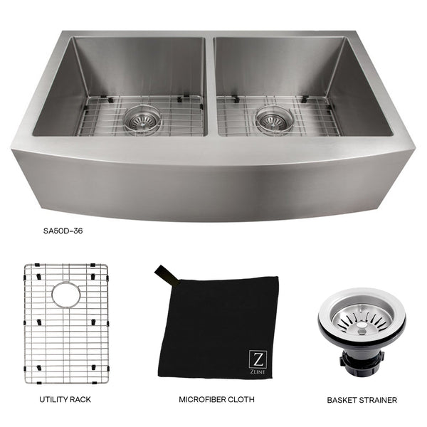 ZLINE 36 in. Niseko Farmhouse Apron Mount Double Bowl Stainless Steel Kitchen Sink with Bottom Grid (SA50D-36)