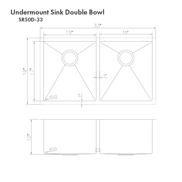 ZLINE 33 in. Anton Undermount Double Bowl Stainless Steel Kitchen Sink with Bottom Grid (SR50D-33)