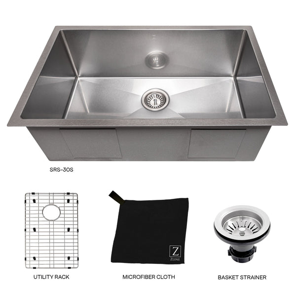 ZLINE 30 in. Meribel Undermount Single Bowl Satin Stainless Steel Kitchen Sink with Bottom Grid (SRS-30S)