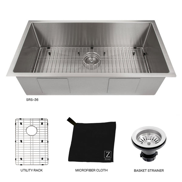 ZLINE 36 in. Meribel Undermount Single Bowl Stainless Steel Kitchen Sink with Bottom Grid (SRS-36)