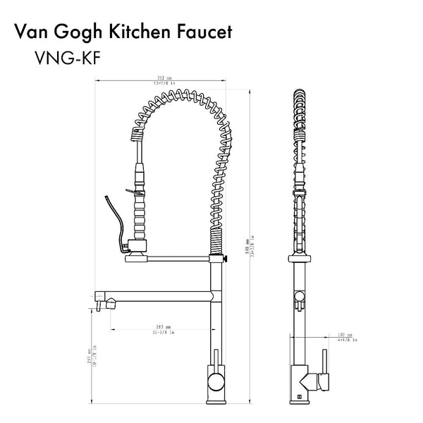 ZLINE Van Gogh Pull Down Spring Kitchen Faucet with Pot Filler in Matte Black (VNG-KF-MB) dimensional diagram.