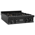 ZLINE 30 in. Porcelain Rangetop in Black Stainless with Brass Burners (RTB-BR-30) front, side angle