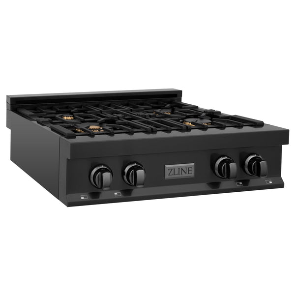 ZLINE 30 in. Porcelain Rangetop in Black Stainless with Brass Burners (RTB-BR-30) front, side angle