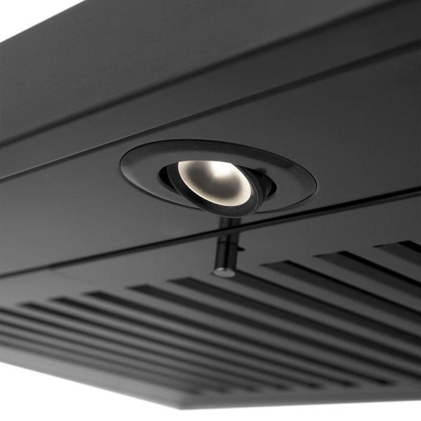 ZLINE Ducted Vent Wall Mount Range Hood in Black Stainless Steel with Built-in ZLINE CrownSound Bluetooth Speakers (BSKBNCRN-BT) built-in LED lighting.