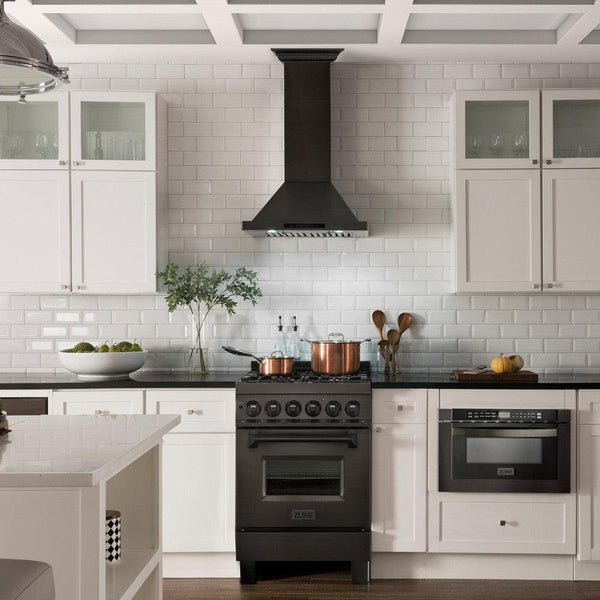 ZLINE Ducted Vent Wall Mount Range Hood in Black Stainless Steel with Built-in ZLINE CrownSound Bluetooth Speakers (BSKBNCRN-BT) in a cottage-style kitchen
