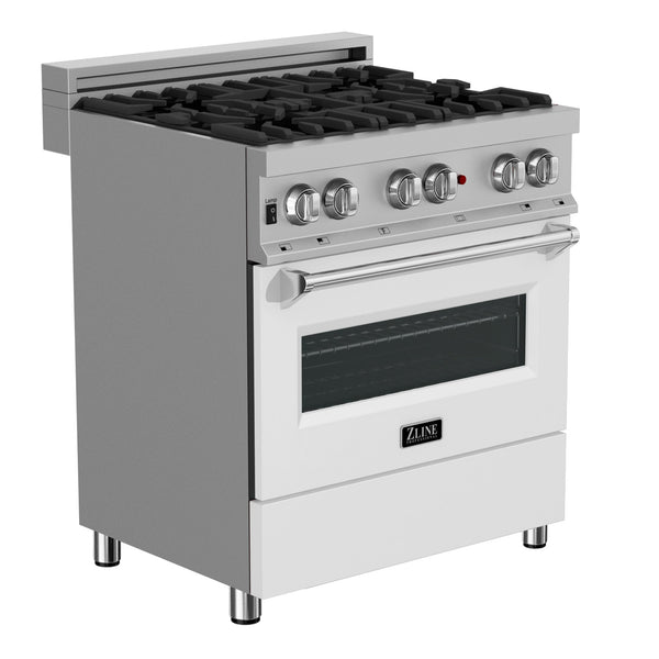ZLINE 30 in. 4.0 cu. ft. Dual Fuel Range with Gas Stove and Electric Oven in All Fingerprint Resistant Stainless Steel with White Matte Door (RAS-WM-30) side, oven closed.