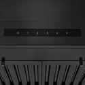ZLINE Wall Mount Range Hood in Black Stainless Steel with Built-in ZLINE CrownSound Bluetooth Speakers (BSKENCRN-BT) LCD touch controls close-up.
