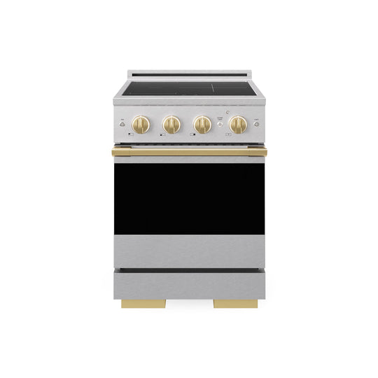 ZLINE Autograph Edition 24 in. 3.2 cu. ft. Marino Induction Range with 3 Element Cooktop and Electric Convection Oven in Satin Stainless Steel with Polished Gold Accents (MINRSZ-24-G)