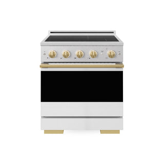 ZLINE Autograph Edition 30 in. 4.2 cu. ft. Marino Induction Range with 4 Element Cooktop and Electric Convection Oven in Satin Stainless Steel with White Matte Door and Polished Gold Accents (MINRSZ-WM-30-G)