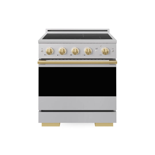 ZLINE Autograph Edition 30 in. 4.2 cu. ft. Marino Induction Range with 4 Element Cooktop and Electric Convection Oven in Stainless Steel with Polished Gold Accents (MINRZ-30-G)