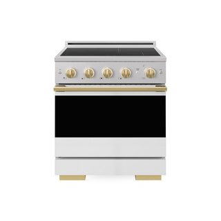 ZLINE Autograph Edition 30 in. 4.2 cu. ft. Marino Induction Range with 4 Element Cooktop and Electric Convection Oven in Stainless Steel with White Matte Door and Polished Gold Accents (MINRZ-WM-30-G)