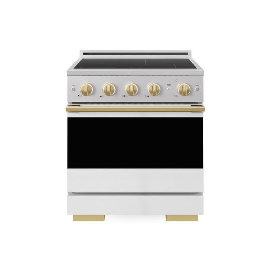 ZLINE Autograph Edition 30 in. 4.2 cu. ft. Marino Induction Range with 4 Element Cooktop and Electric Convection Oven in Stainless Steel with White Matte Door and Polished Gold Accents (MINRZ-WM-30-G)