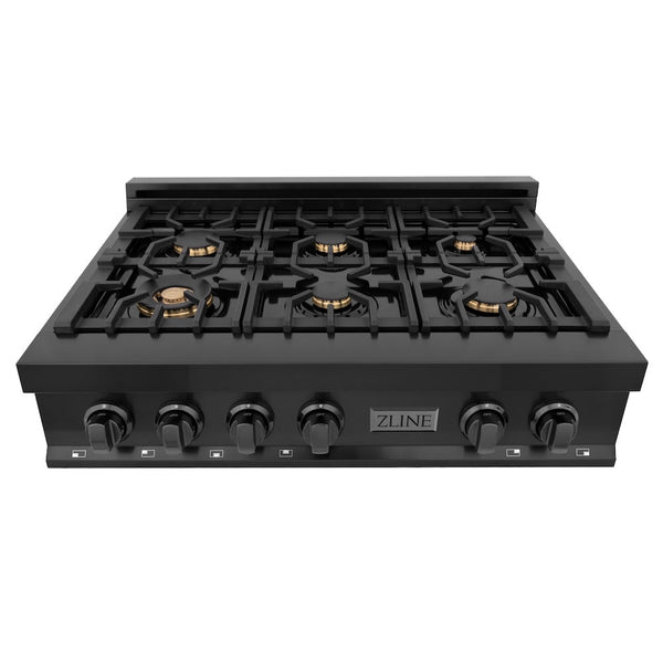 ZLINE 36 in. Legacy Gas Rangetop with 6 Brass Burners and Porcelain Cooktop in Black Stainless Steel (RTB-BR-36)