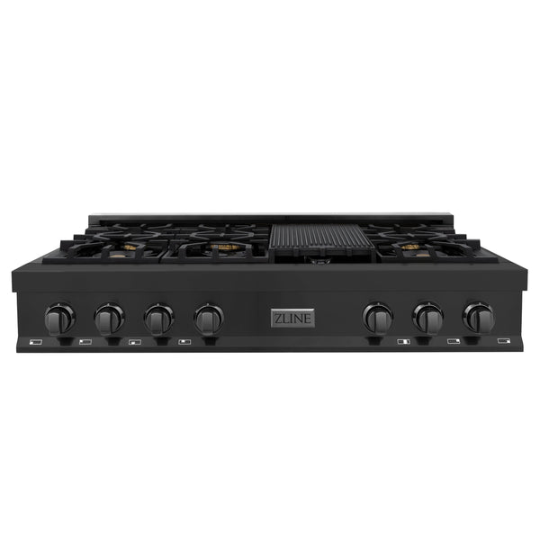 ZLINE 48 in. Porcelain Gas Rangetop in Black Stainless Steel with Brass Burners and Griddle (RTB-BR-48) front, oven closed.